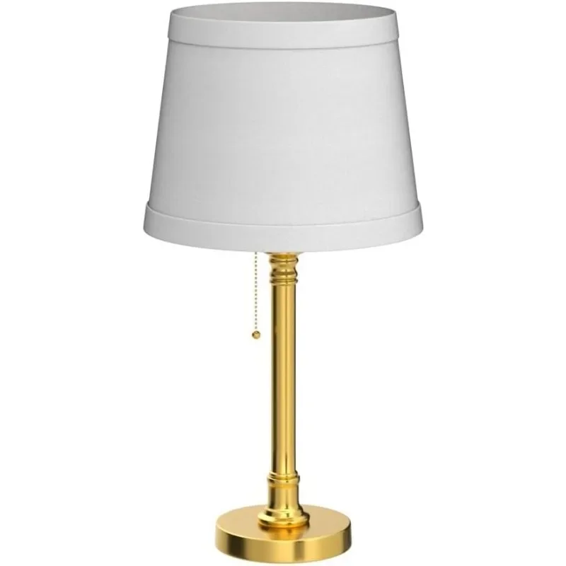 Vintage Gold Brass Nightstand Lamp - 19.5" Candlestick Desk Light with White Fabric Shade for Bedroom, Hotel, Living Room