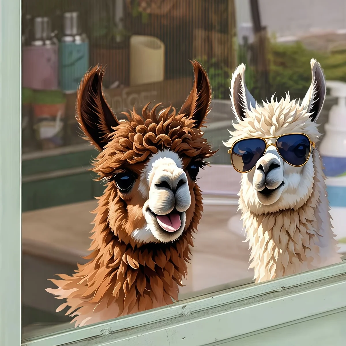 1pc Funny Two Alpacas Wall & Window Sticker, Self-Adhesive Decorative Sticker, Suitable for Windows, Doors, Bedroom, Living Room
