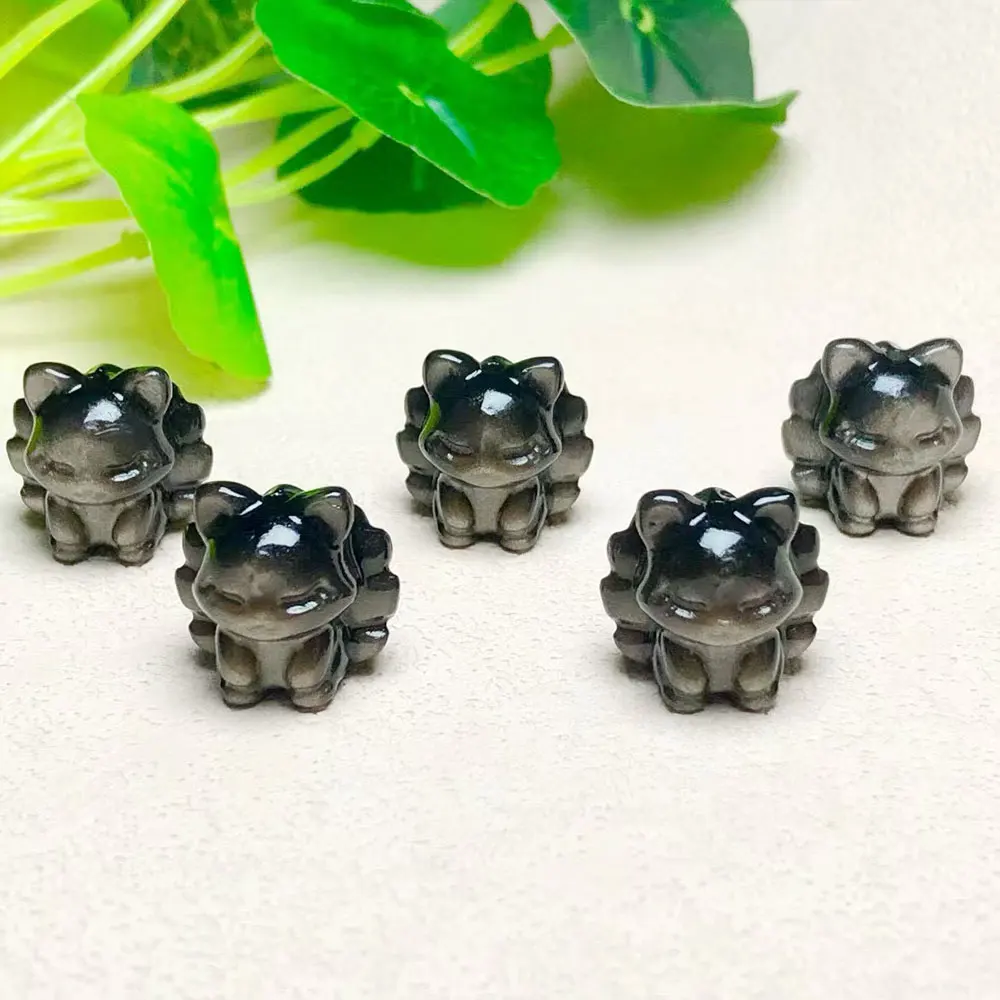 2pc/Lot Natural Stone Obsidian Carved Nine Tailed Fox Mini Crystal Carving Figurines Crystals Healing Gemstone Statue Home Decor