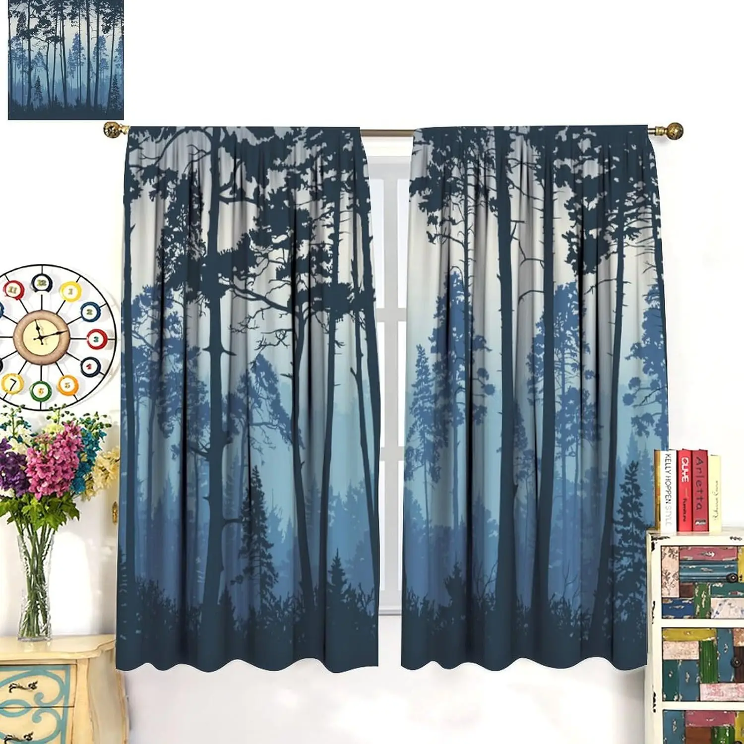 Misty Forest Blackout Curtains Blue Nature Forest Rustic Woodland Trees Landscape Kids Girls Boys Women Bedroom Living  2 Panels