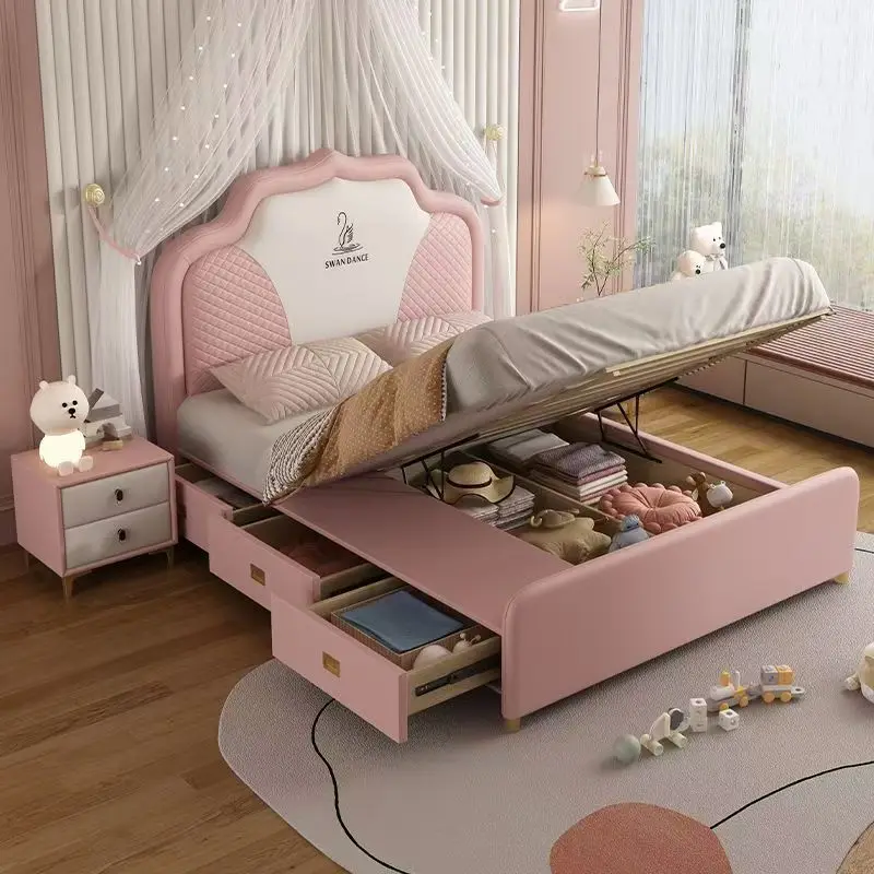 

￥#2025 High End Design Storage Kids Bed Wood Guardrails & Storage Bed for Boys Youth Cool Design Kids Leather Bed for Home Use