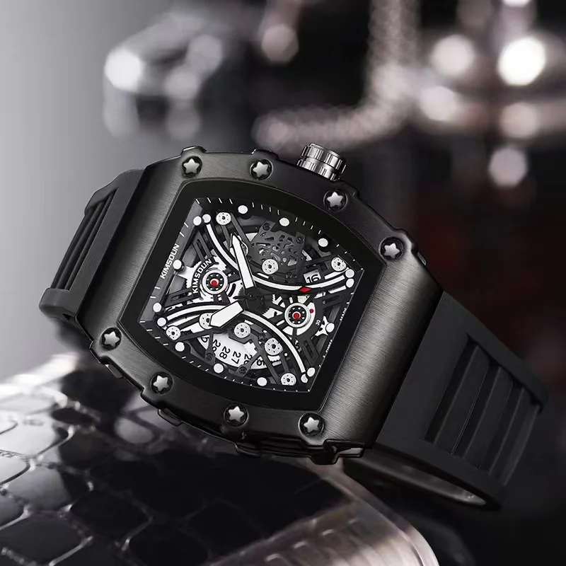 Cool Black Quartz Watches Men Fashion Brand Silicone Strap Waterproof Tonneau Wristwatch Luxury Auto Date Sports AAA Clocks Gift