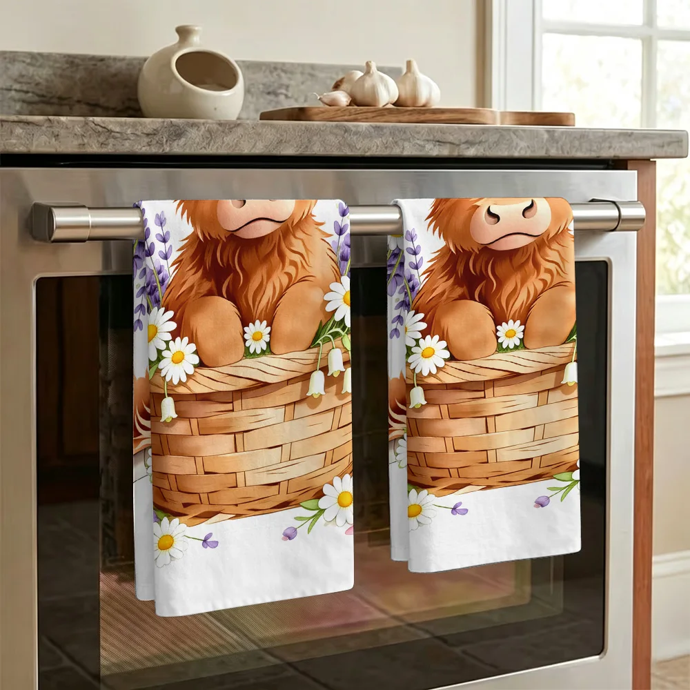 1pc/2pcs Highland Cow Floral Kitchen Towel-Super absorbent, reusable polyester dishcloths perfect for home decor, cooking, bakin