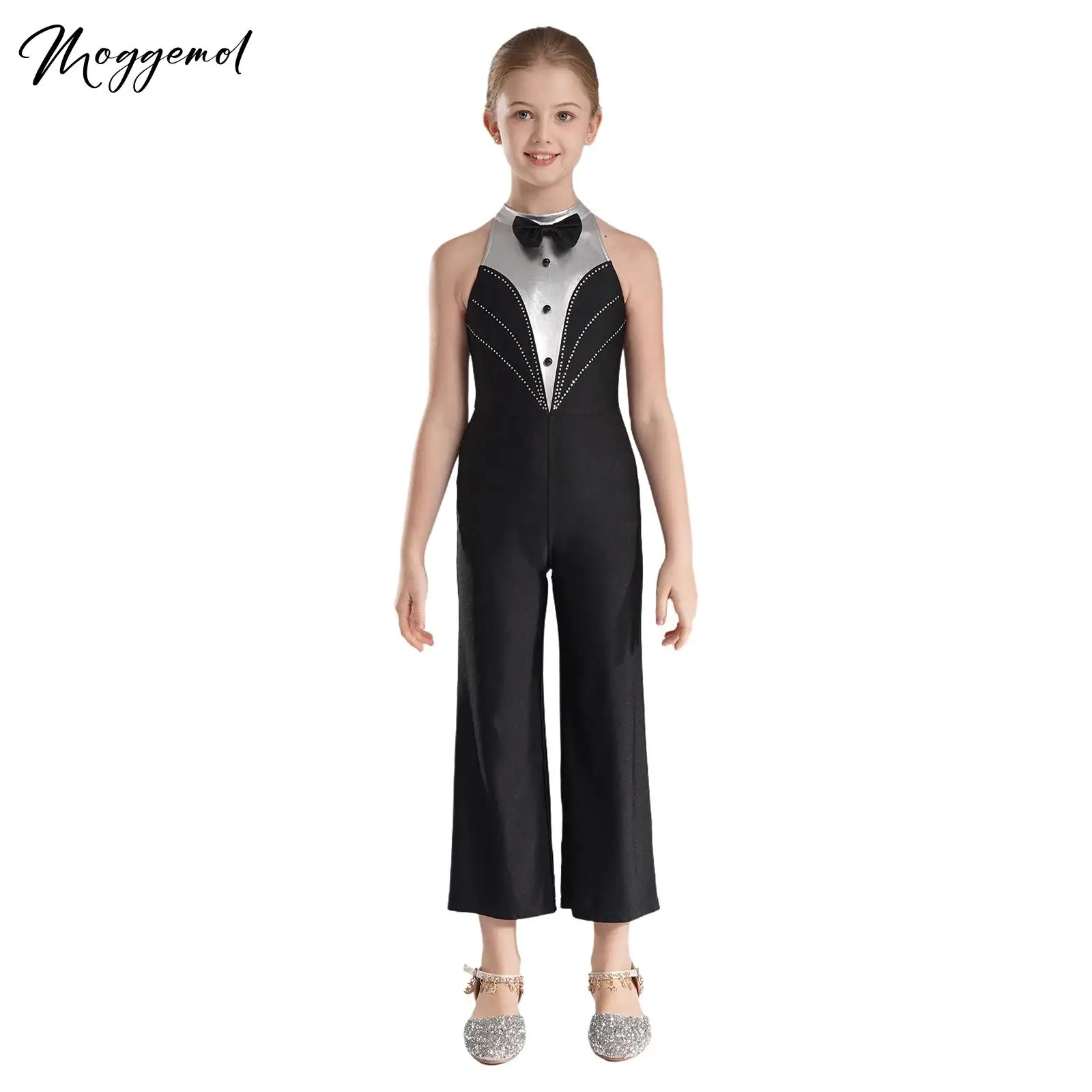 

Детский современный джазовый латинский комбинезон в стиле пэчворк для девочек, боди без рукавов со стразами и цветными блоками, комбинезон для соревнований