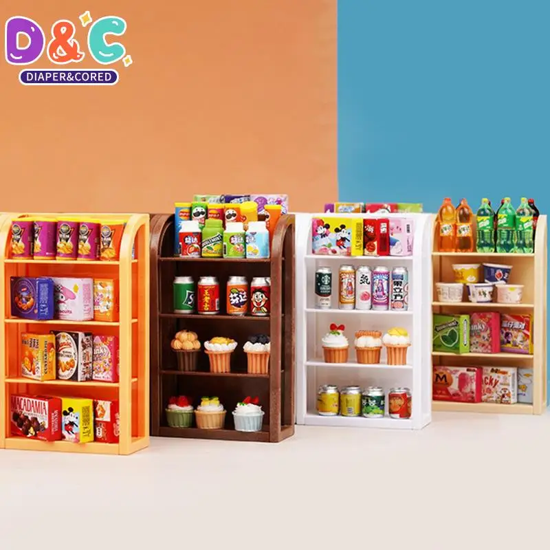 1Pc 1:12 or 1:6 Dollhouse Wooden Miniature Supermarket Shelves Food Drink Display Scene Cabinet Emulational Furniture Model Deco