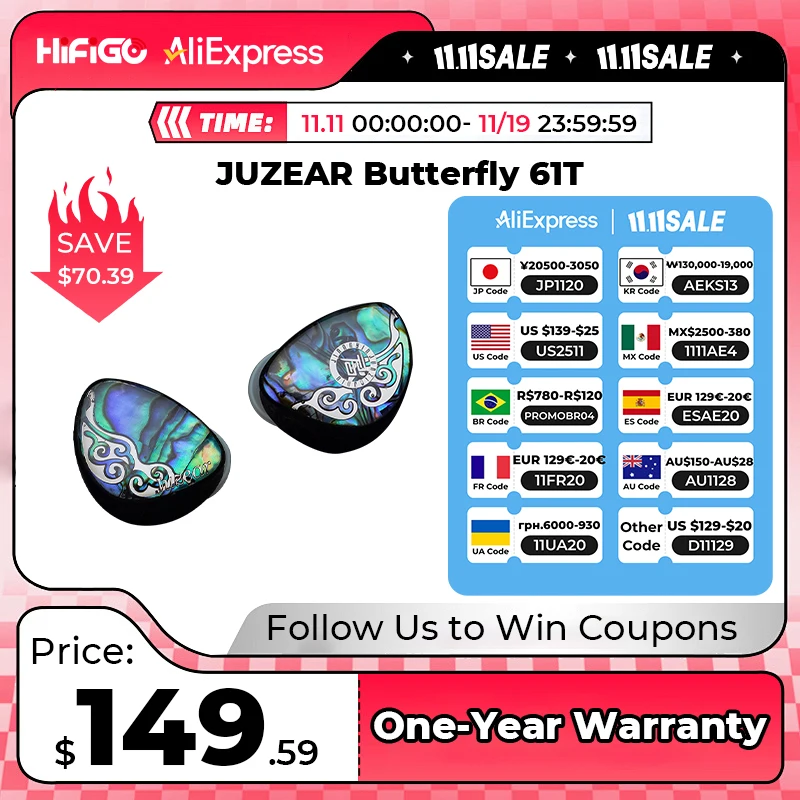 

JUZEAR Butterfly 61T 6BA+1DD Hi-Fi In-Ear Monitors Earphones
