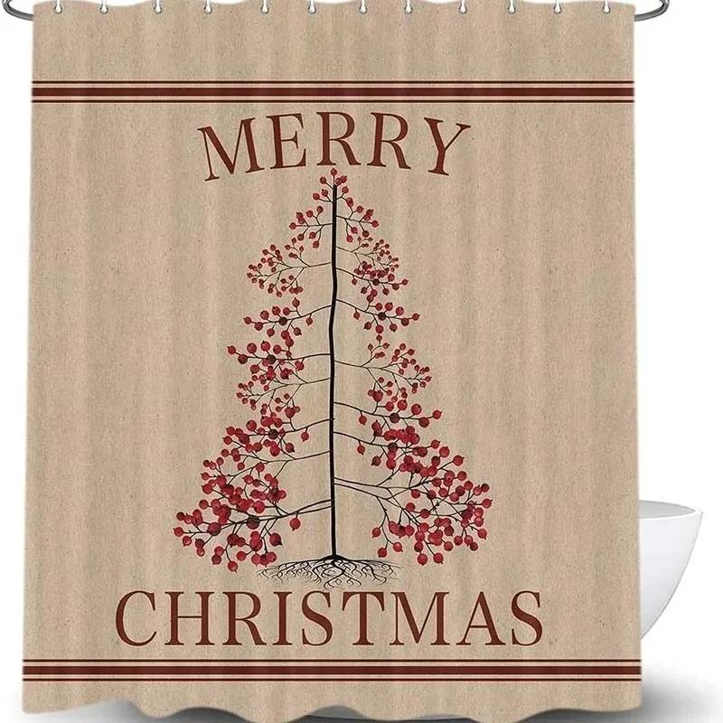 Retro Kraft Paper Red Fruit Line Christmas Tree Shower Curtain American Bathroom Decor No Drilling with 12 Hooks