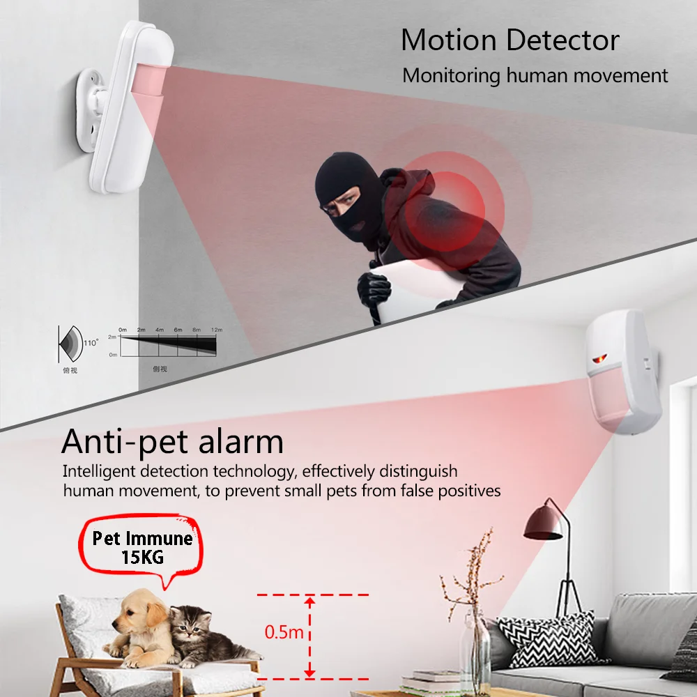 Detector de movimento PIR sem fio imune para animais de estimação 433Mhz para sistema de alarme de segurança doméstica Sensor de movimento