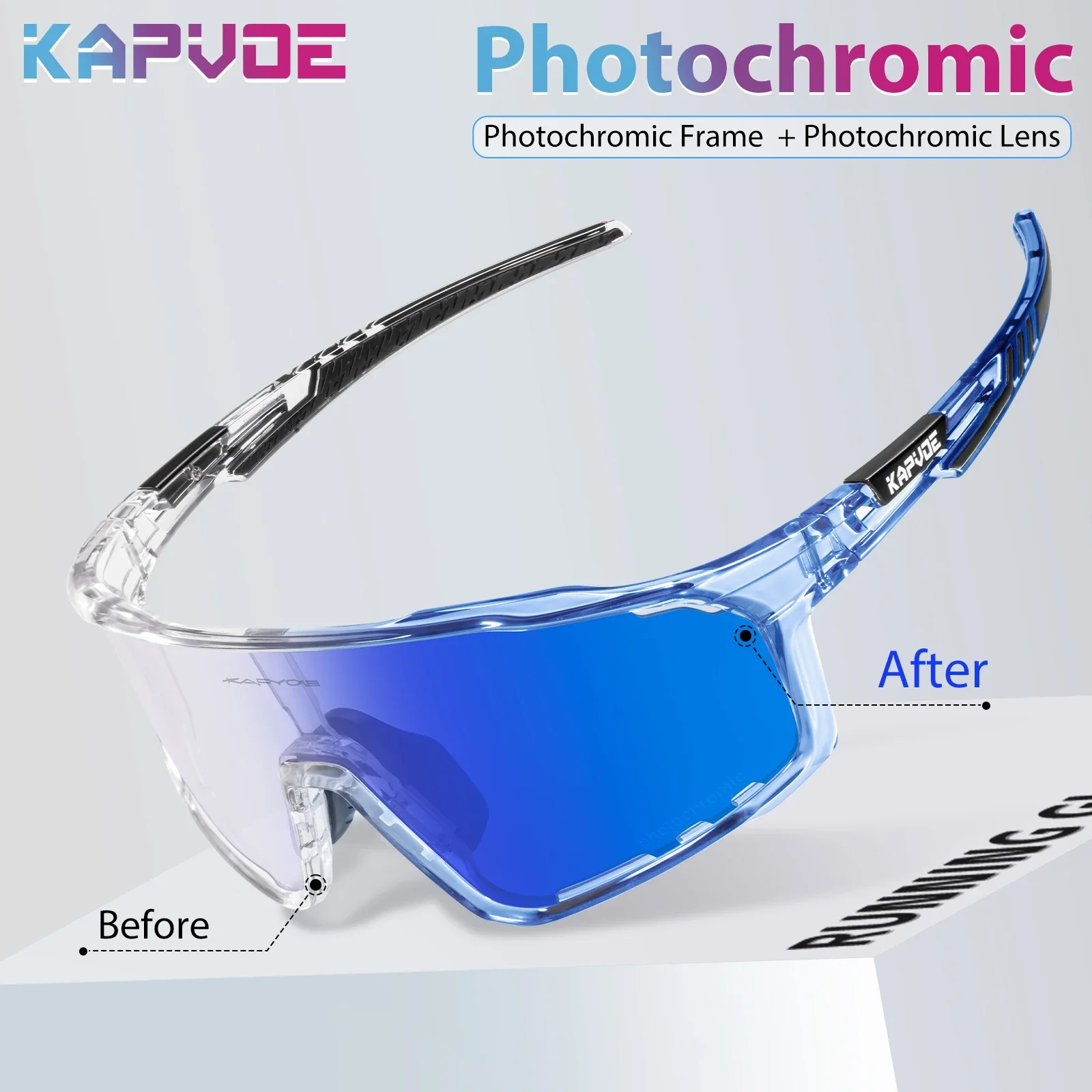 Kapvoe Photochromic Frame and Lens Photochromic Cycling Glasses UV400 Sports Glasses Running Driving Outdoor Men Sunglasses Bike