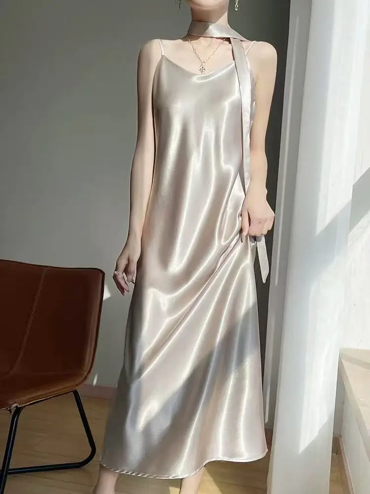 Robe française élégante en Satin pour femmes, ample, avec ruban, mi-longue, mode féminine, esthétique, robe de soirée, été