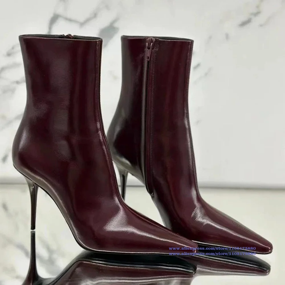

Wine Red Patent Leather Thin Heel Ankle Boots Pointed-Toe Side Zipper Stiletto Boots Women's Booties Luxury Designer Botas Mujer