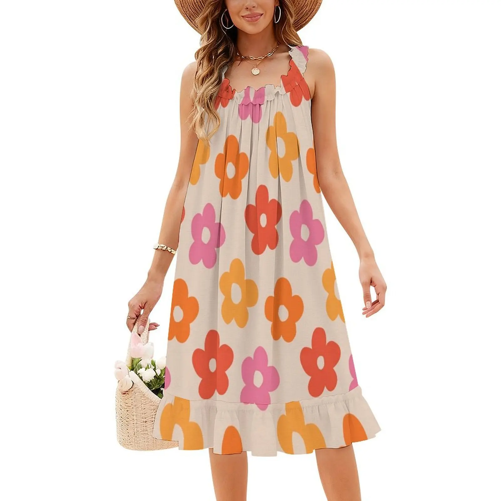 نمط الزهور الرجعية 60S 70S # نمط # فستان بوهيمي عتيق بأكمام منتفخة أو خيارات بدون أكمام للنساء فستان ريترو