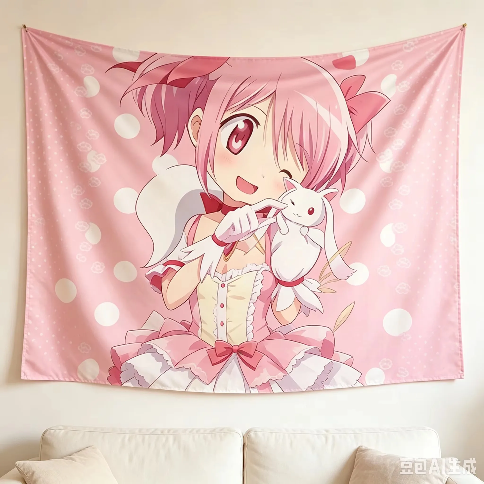 Pink Madoka Magica Pastel Tapestry, Kawaii Polka Dot Large Size 2D Wall Art for Bedroom Dorm Room Cool Home Decor Gift