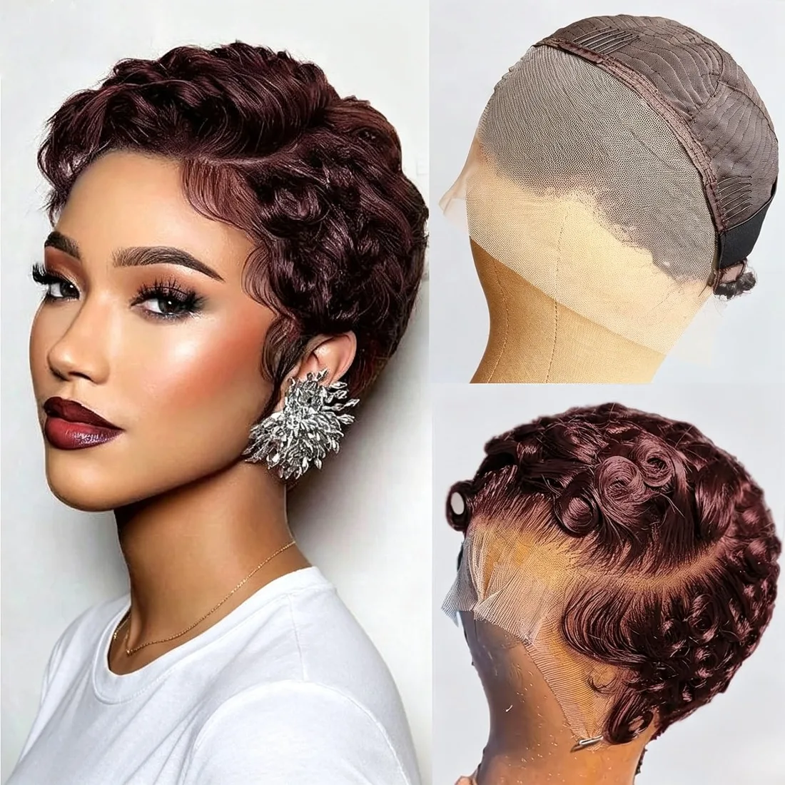 Dark Auburn Burgundy Curly Pixie Cut Lace Front Wig Human Hair Wigs, 99J Burgundy 13x4 HD Lace Frontal Wigs Short Layered Curly