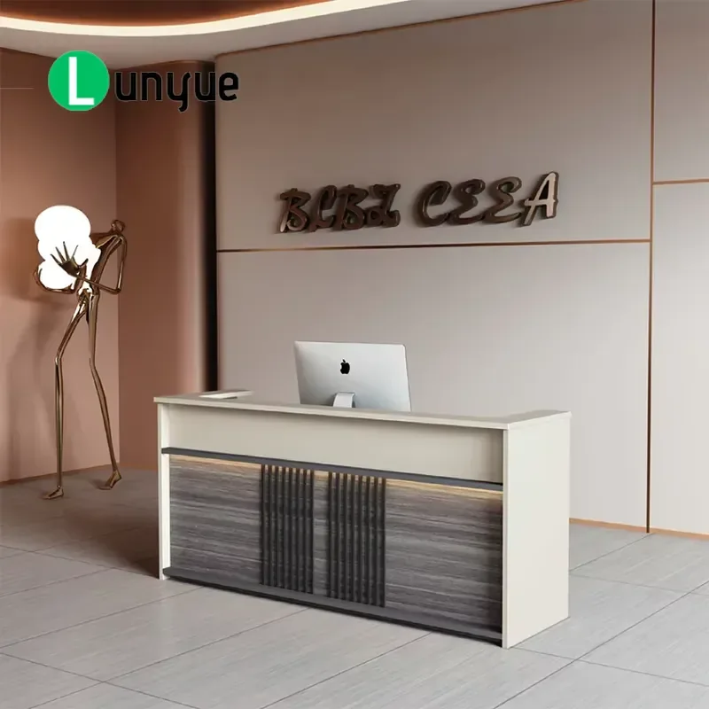 Modern Wooden Reception Desk with LED Lighting Eco Friendly Commercial Front Counter for Hotel Gym School Office Building