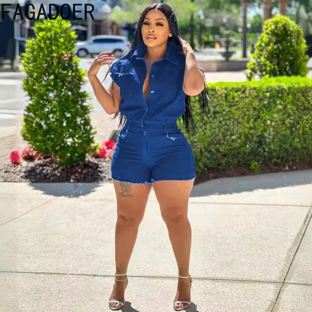 FAGADOER Dark Blue Casual Jean Bodycon Rompers Women Turndown Collar Button Short Sleeve Slim Denim Jumpsuits Fashion Overalls