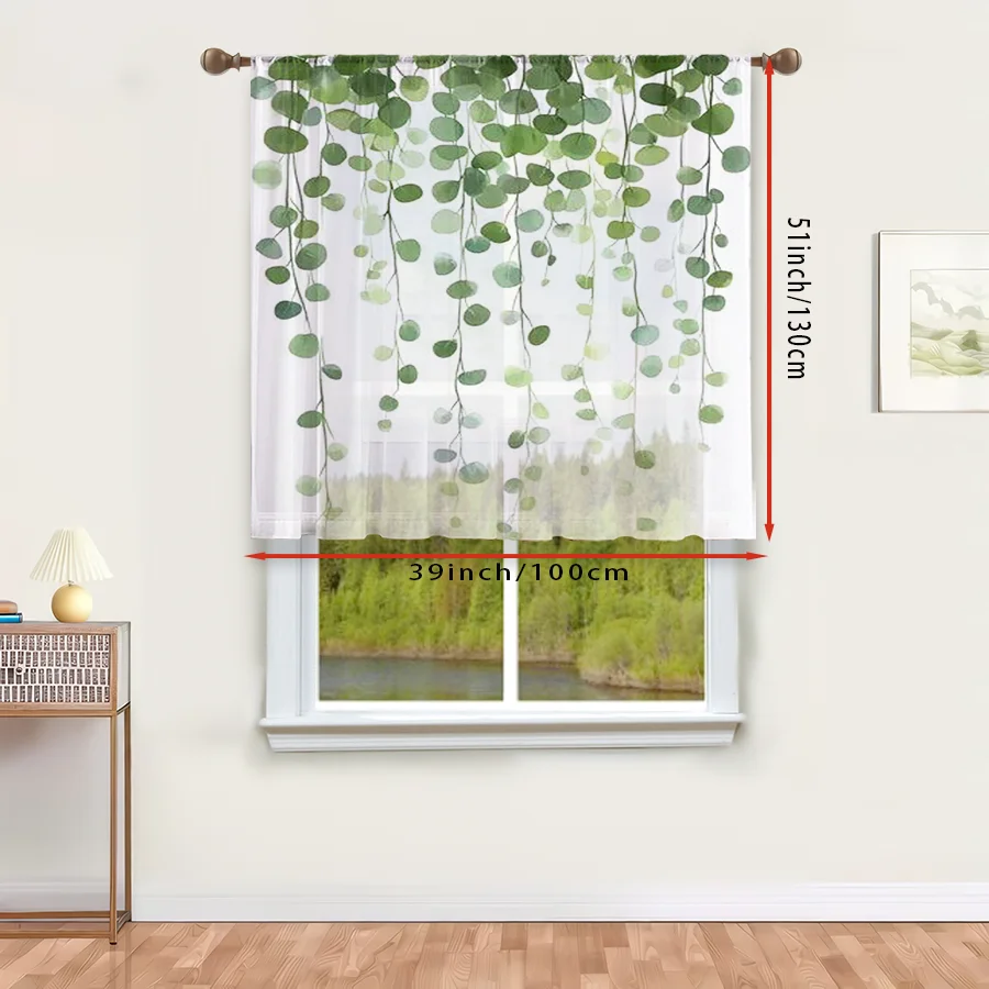 1PC Sheer Curtain Hanging Eucalyptus Round Leaf Print, Rod Pocket Window Curtain for Living Room Botanical Decor