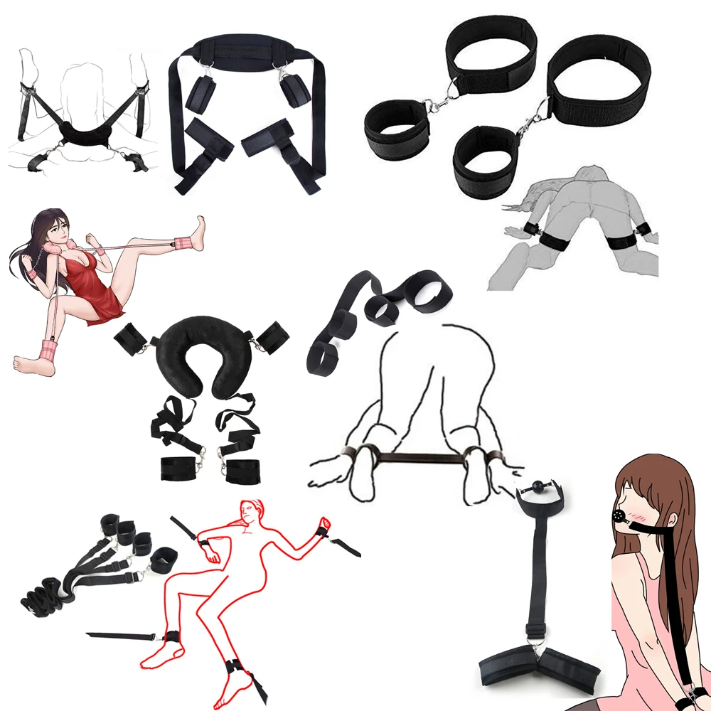 Adult Game Sex Toys BDSM Set Bondage Handcuffs Ankle Straps Nipple Sticker Whip Mouth Gag Eye Mask Fetish Erotic Accessories