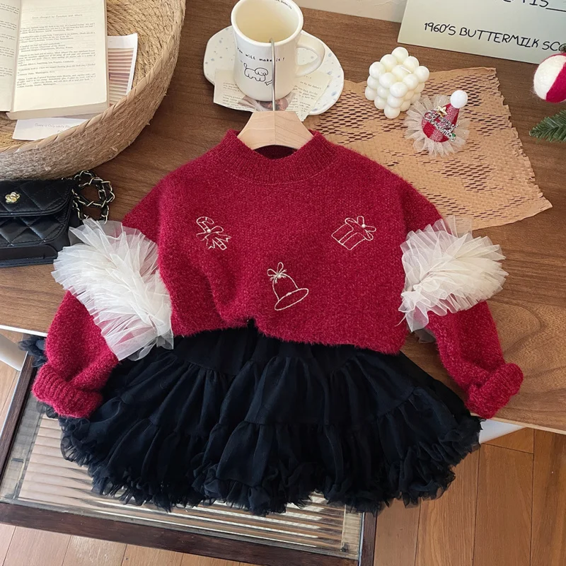 New Year Girls' Wine Red Chenille Snowflake Velvet Sweater Mesh Princess Style Children's Sweater Thick Winter Clothes