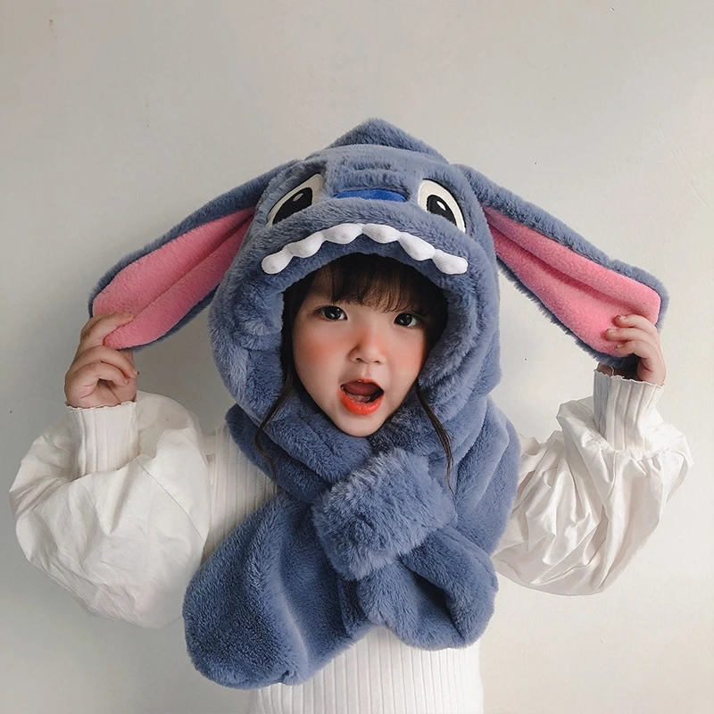 

Disney Stitch Super Cute Boys And Girls' Woolen Hat Winter Plush Hat Scarf One Piece Hat Autumn And Winter Hat