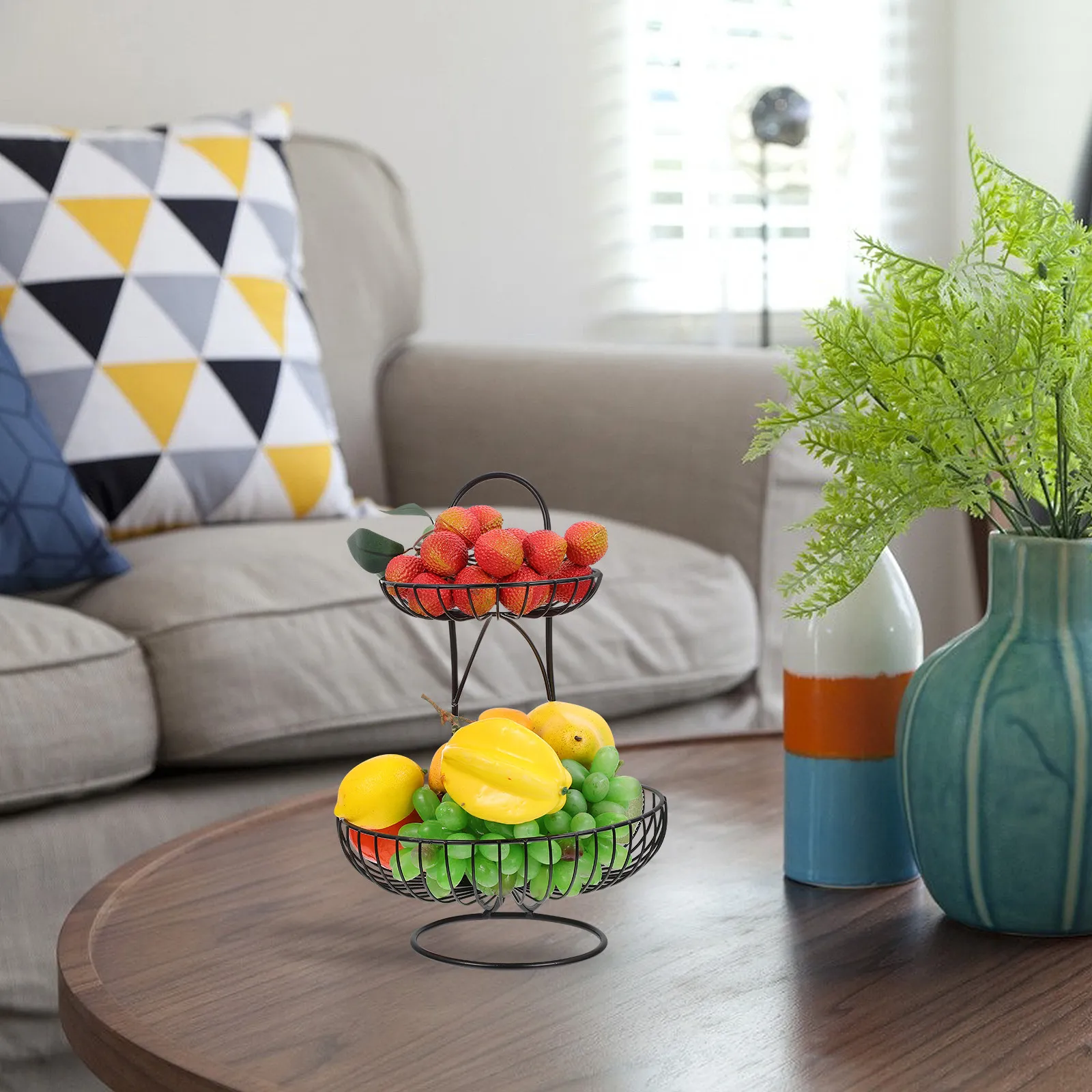 

1Pcs Iron Art Fruit Plate Double-Layer Light Stand Home Decorative Basket Metal Wrought Iron Storage Serving Holder