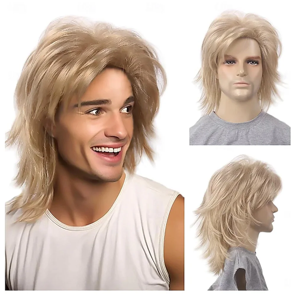 

HAIRJOY Synthetic Hair Wig Mullet Wig with Bangs 70s Disco Party Mens Hippie Wigs Halloween Costumes 80s Rocker Wig for Man