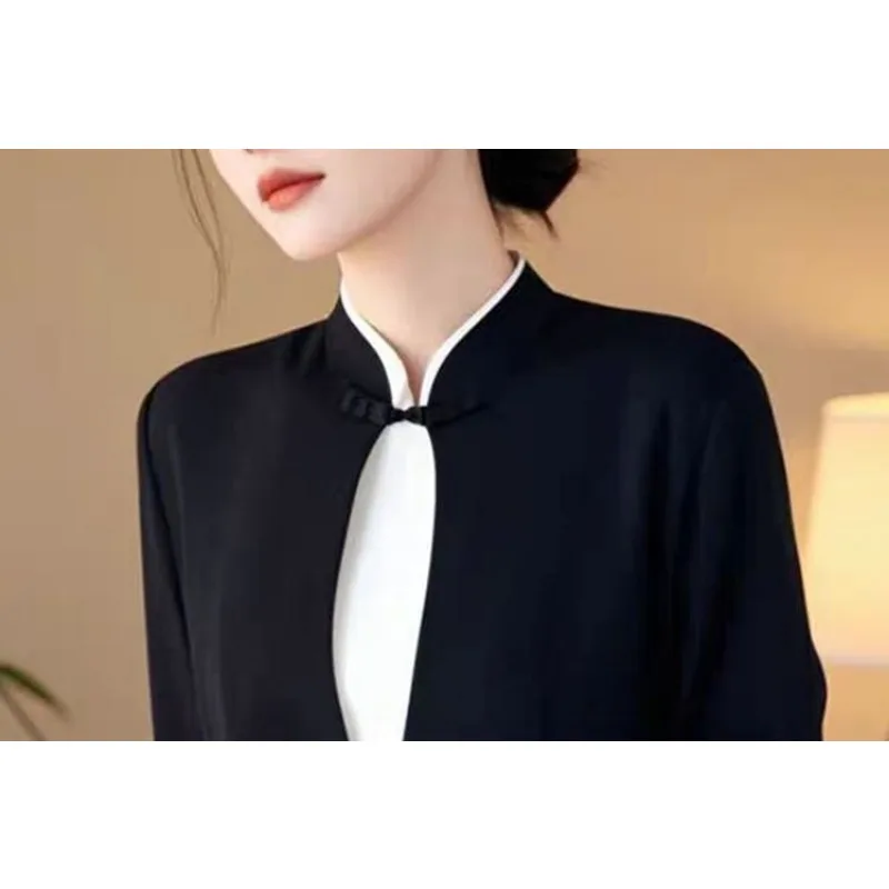 Autumn Winter Contrasting Color Fake Two-piece Long-sleeved Bottoming Shirt New Chinese Style National Style Buttoned Bottoming