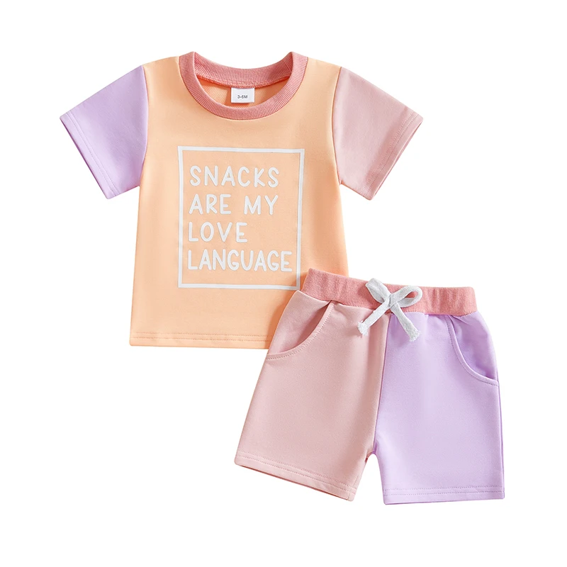

Toddler Summer Shorts Set Letter Print Short Sleeve Round Neck Tops Elastic Waistband Shorts Contrast Color Outfits