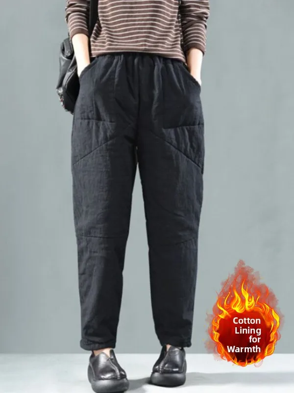 

Retro Artistic Thiened Cotton Linen Blend Warm Trousers Casual Harlan Pants Elastic Waist Slimming Large Size Women's Wear