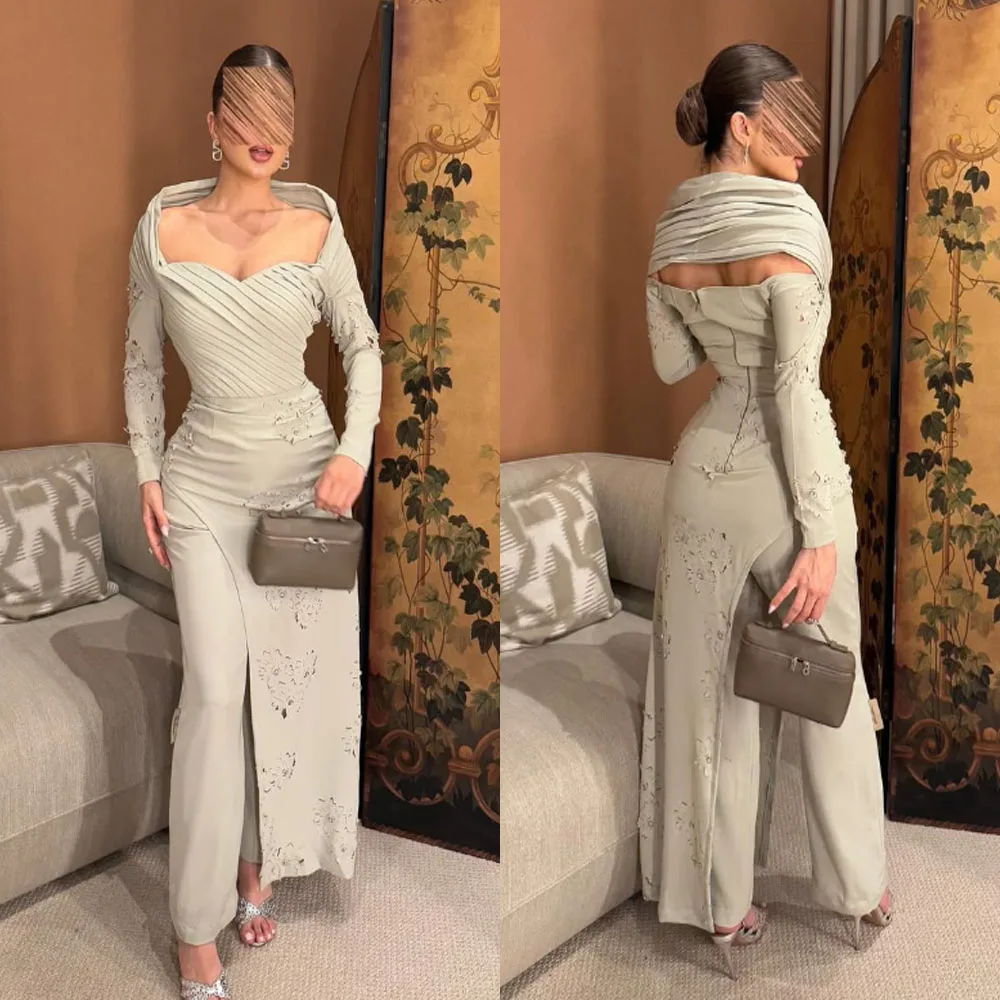 

Customized High Quality Sweetheart Ankle Length High Fork Backless Wrinkle Zipper Grace Full Sleeves A-line Evening Prom Dress