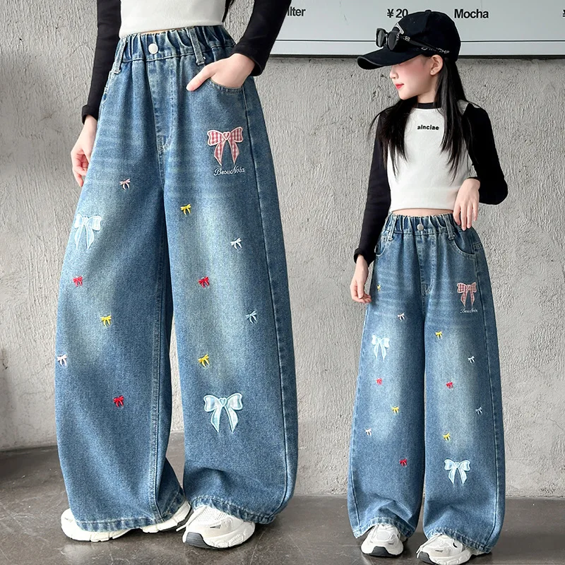 Autumn Girls Wide-leg Jeans Trousers with Bow Embroidery for Children Casual Loose Straight Leg Denim Pants Kids Baggy Trousers