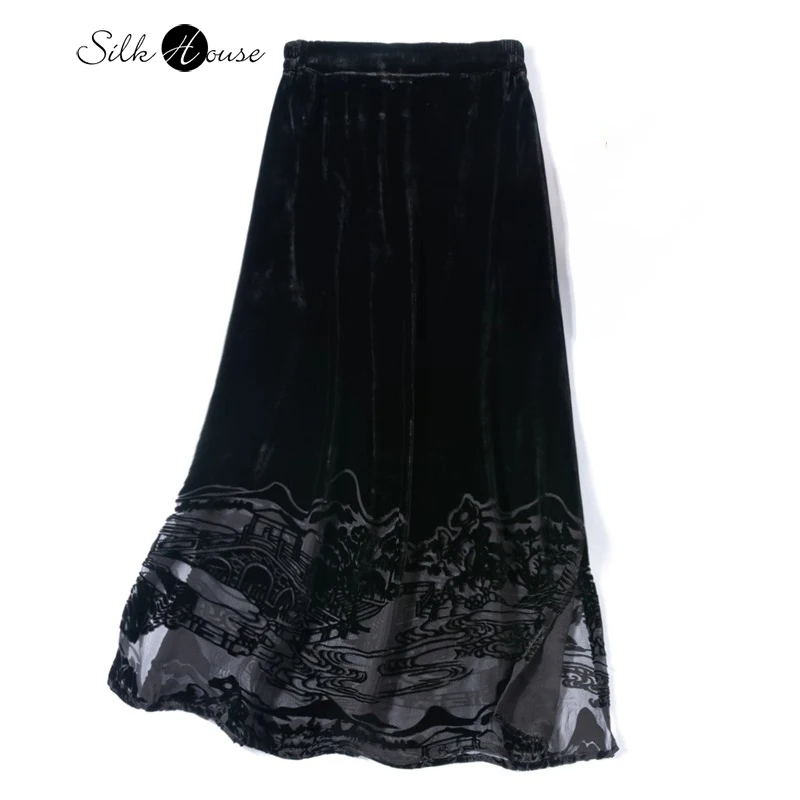 

Half Perspective Walking Luxury 30% Natural Mulberry Silk Velvet Elastic Waist Pocket Design Black Women's Slit Bucket Skirt