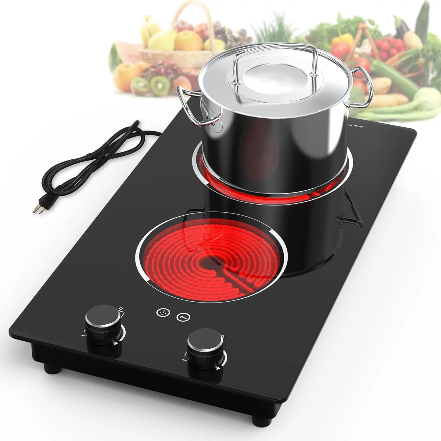 Electric Cooktop,110V 2100W Electric Stove Top with Knob Control, 10 Power Levels, Kids Lock & Timer, Hot Surface Indicator