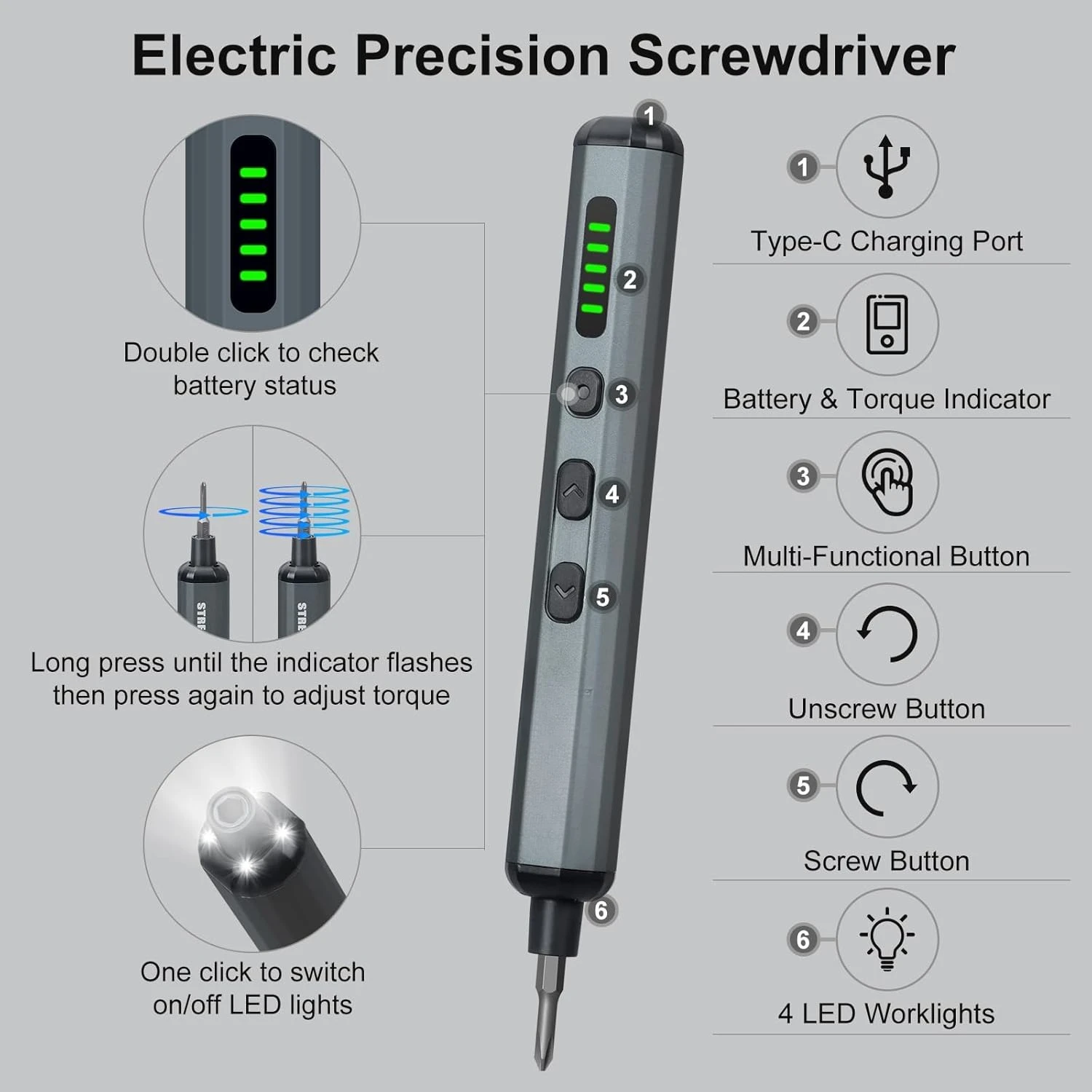 

Mini Electric Screwdriver Set, 70 in 1 Small Electric Screwdriver Cordless 64 S2 Preicison Bits, 5 Torque Settings,4 LED Lights