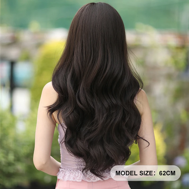 7JHH WIGS High Density Synthetic Dark Brown Wig for Women Daily Use Long Body Wavy Black Tea Wigs with Bangs Beginner Friendly