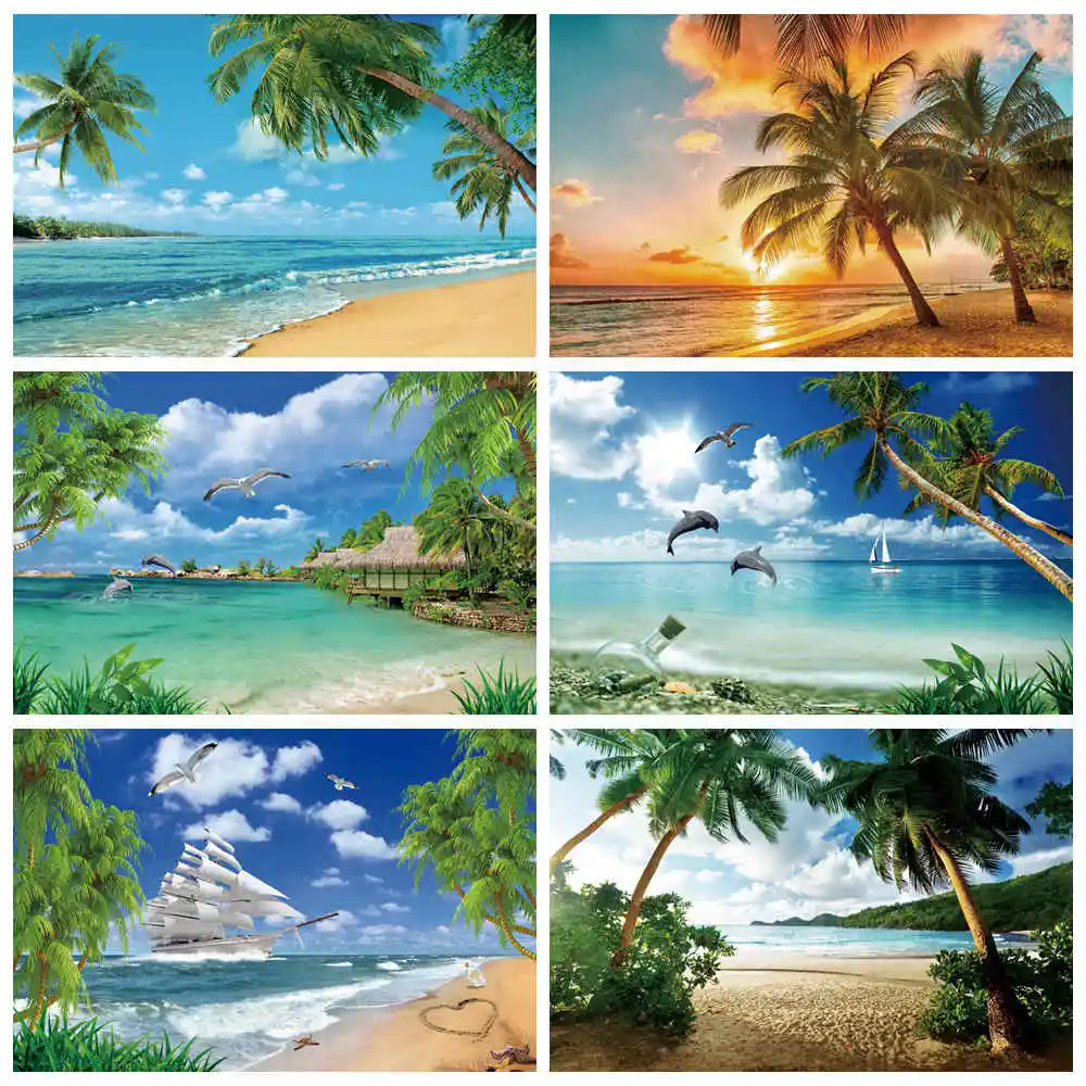 

Blue Ocean Sunset Beach Backdrop Tropical Summer Photozone Background Palm Tree Wave Sand Ship Portrait Photography Prop