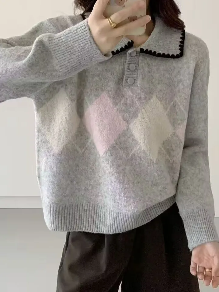 

Свитер с воротником в стиле ретро, женский свободный вязаный топ Lazy Sle, модный осенне-зимний прямой свитер-труба, милый Sle