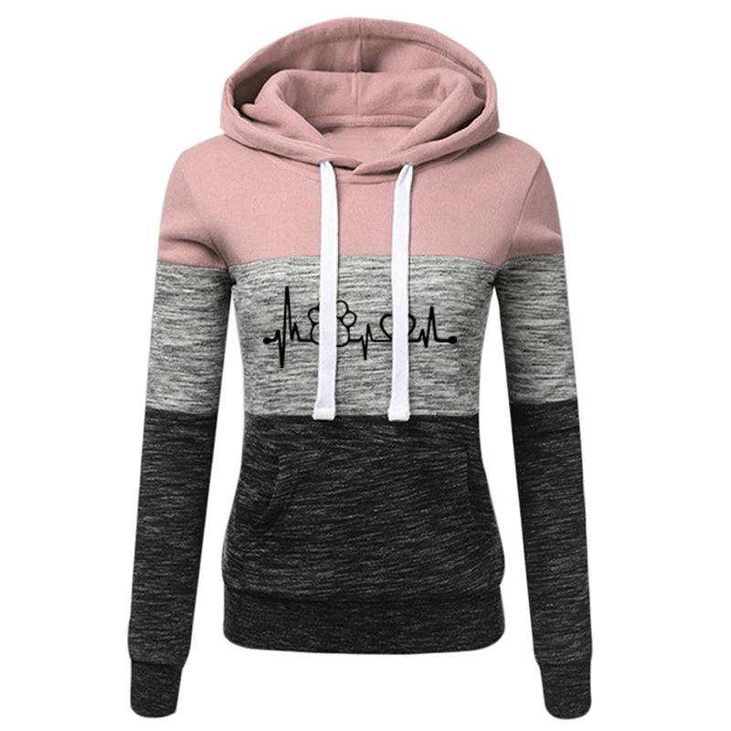 Women\'s Fleece Long Sleeve Hoodie Fashion Slim Fit Sweatshirt Autumn Winter Warm Ladies Casual Color Matching Outdoors Pullover