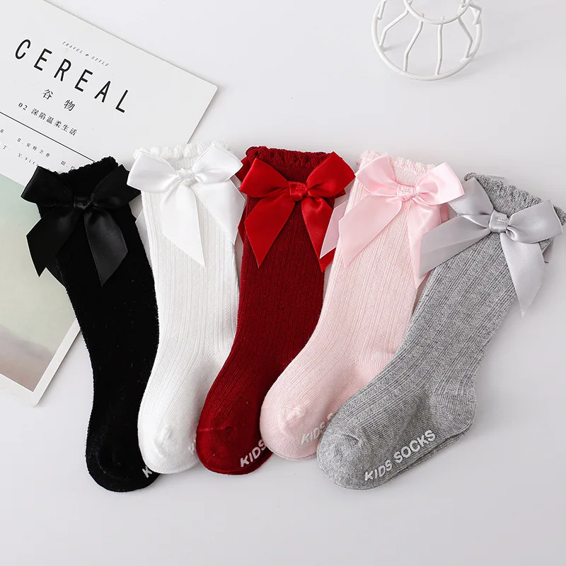 Newborn Baby Girls Princess Big Bow Socks Children Kids Spring Non-slip Solid Color Knee High Cotton Floor Socks Infant Clothing