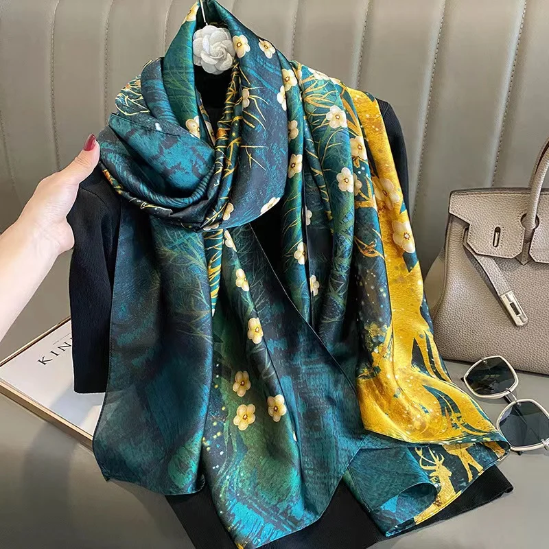 

New 180*90Cm Classic Silk Scarf Women Foulard Office Lady Large Fashion Print Beach Hijab shawl warp bandanna muffler pareo