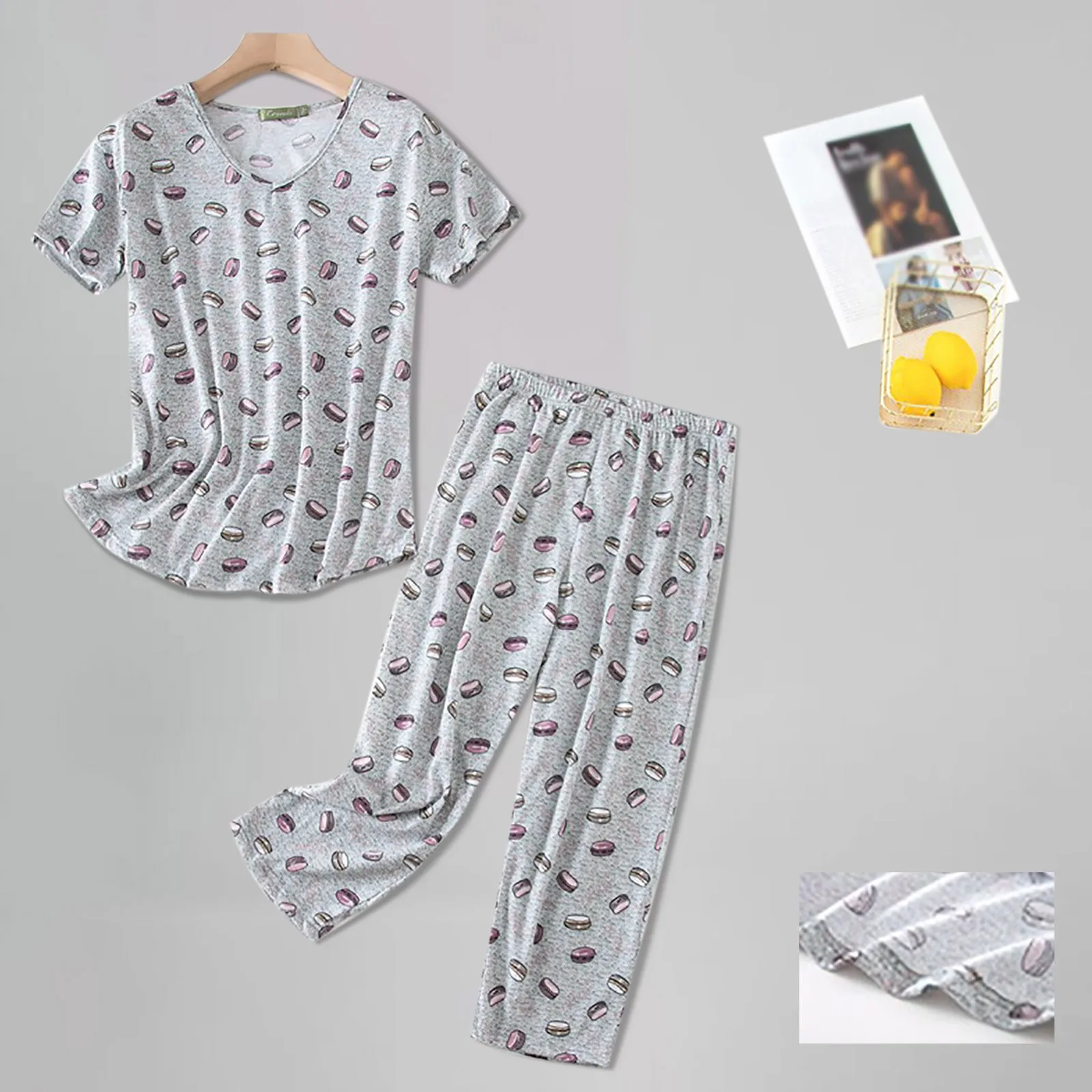 Women Cotton Pajamas Set Short Sleeve Top Capri Pants Sleepwear Summer Comfortable Silk Trousers Female Home Two Piece Set