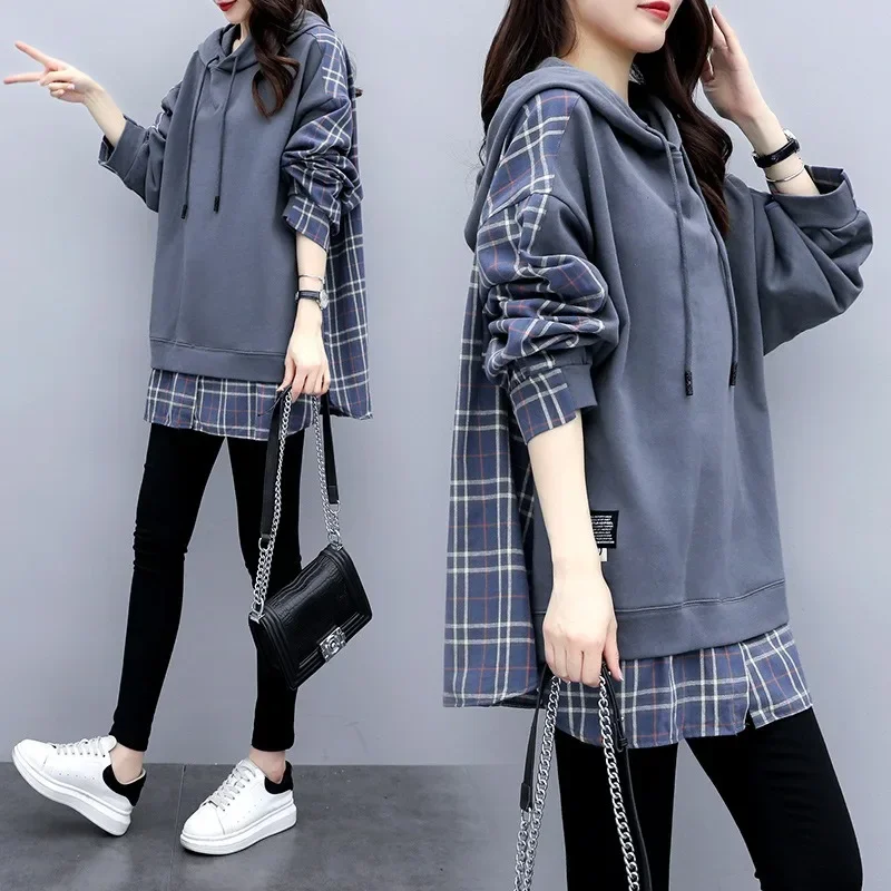 Women Mock Two Piece Plaid Hoodies Spring Autumn Loose Casual Hooded Jackets Patchwork Sweatshirts New All-Match Thin Outwears