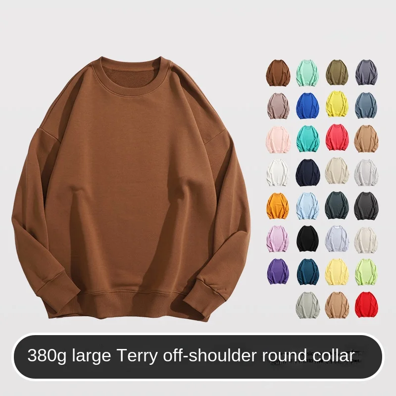 

Men/Women Hoodie Top 380G cotton round neck hoodie with thin loop base solid color warm long sleeved shirt