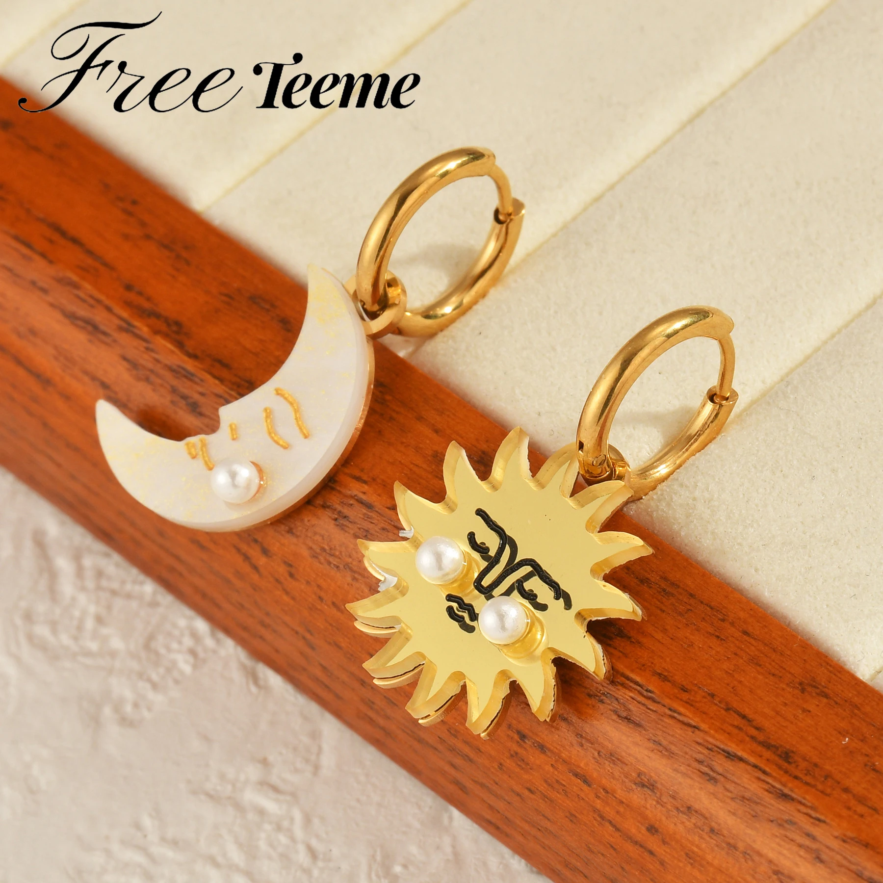 Freeteeme Minimalist Stainless Steel Sun Moon Plate Shell Bead Drop Earrings ​18K Gold Plated Beach Women Charm Daily Jewelry