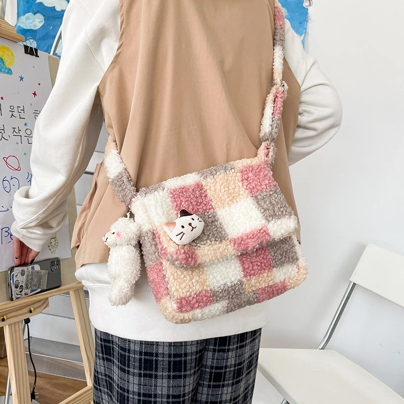 Fashion Women's Plush One Shoulder Small Bag Cute Plaid Bag Casual Crossbody Zipper Wallet Bag Girls Contrast Color Tote Handbag