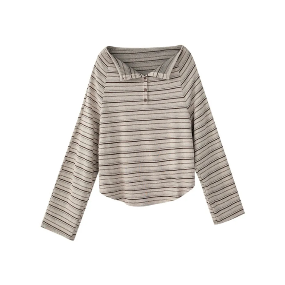 

Универсальная футболка в полоску с длинными рукавами в стиле ретро, свободный пуловер с нерегулярными пуговицами, шикарные стильные укороченные топы Y2k, женские весенние