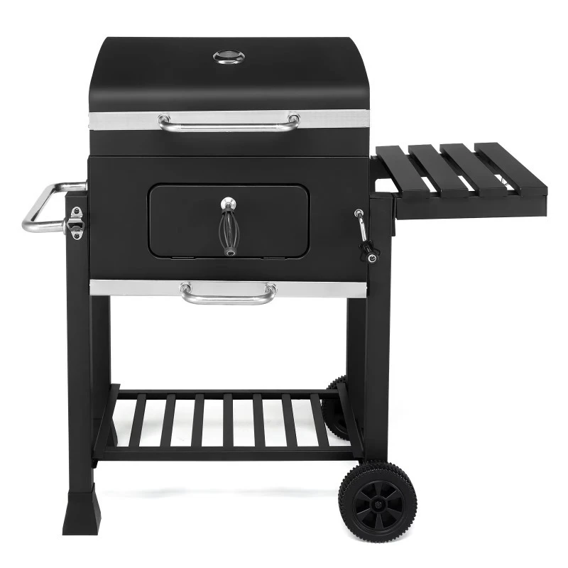 Ceramic charcoal oven with collapsible side table and wheels for outdoor grilling