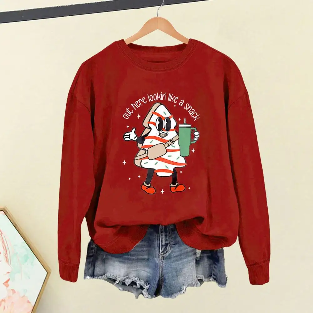 Sweatshirt wanita motif kartun, Sweatshirt wanita dengan manset elastis longgar nyaman leher bulat Pullover untuk pakaian olahraga musim gugur musim dingin