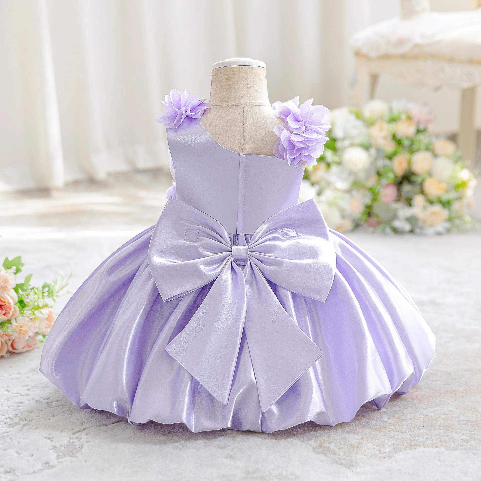 2026 New Baby Summer Infant Girls Boutique Purple Floral Dress, Princess Kids Sweet Fashion Party Dress 0-3 T