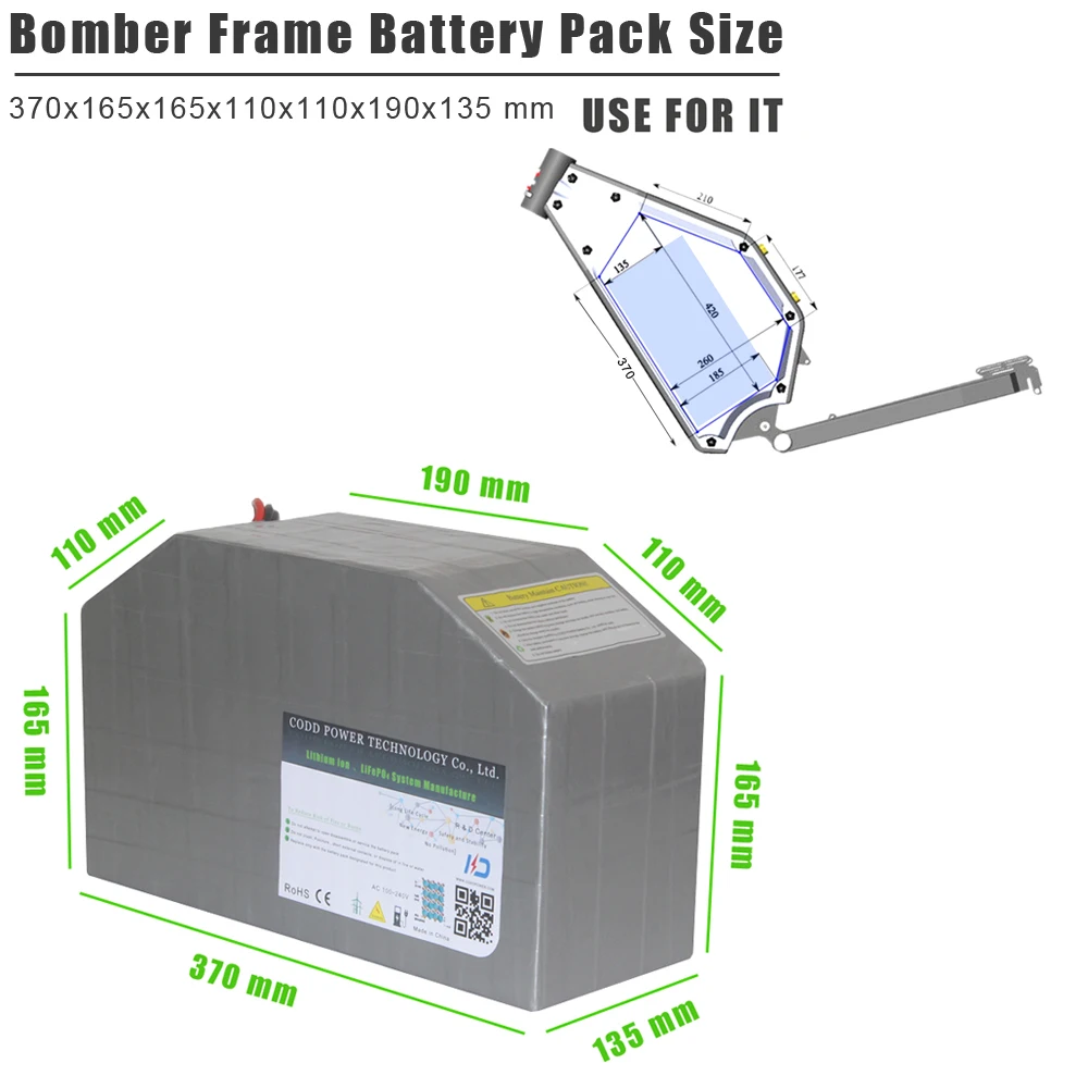 72V 40AH 60AH 70AH 8000W 150A Bomber Frame Electric bike Polygon Battery Pack with Bluetooth BMS Charger